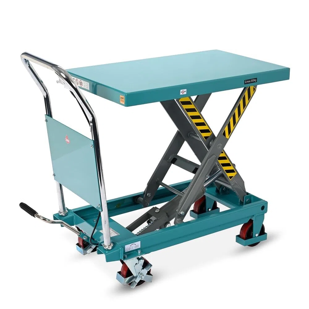 Ameise Scheren-Hubtischwagen LTT | 285-880 mm Hubbereich | 500 kg Tragkraft | 850x500 mm Plattform | Fahrbarer Hubtisch mit festem Bügel | Fußbetriebene Hydraulikpumpe | Stahl | Türkisblau