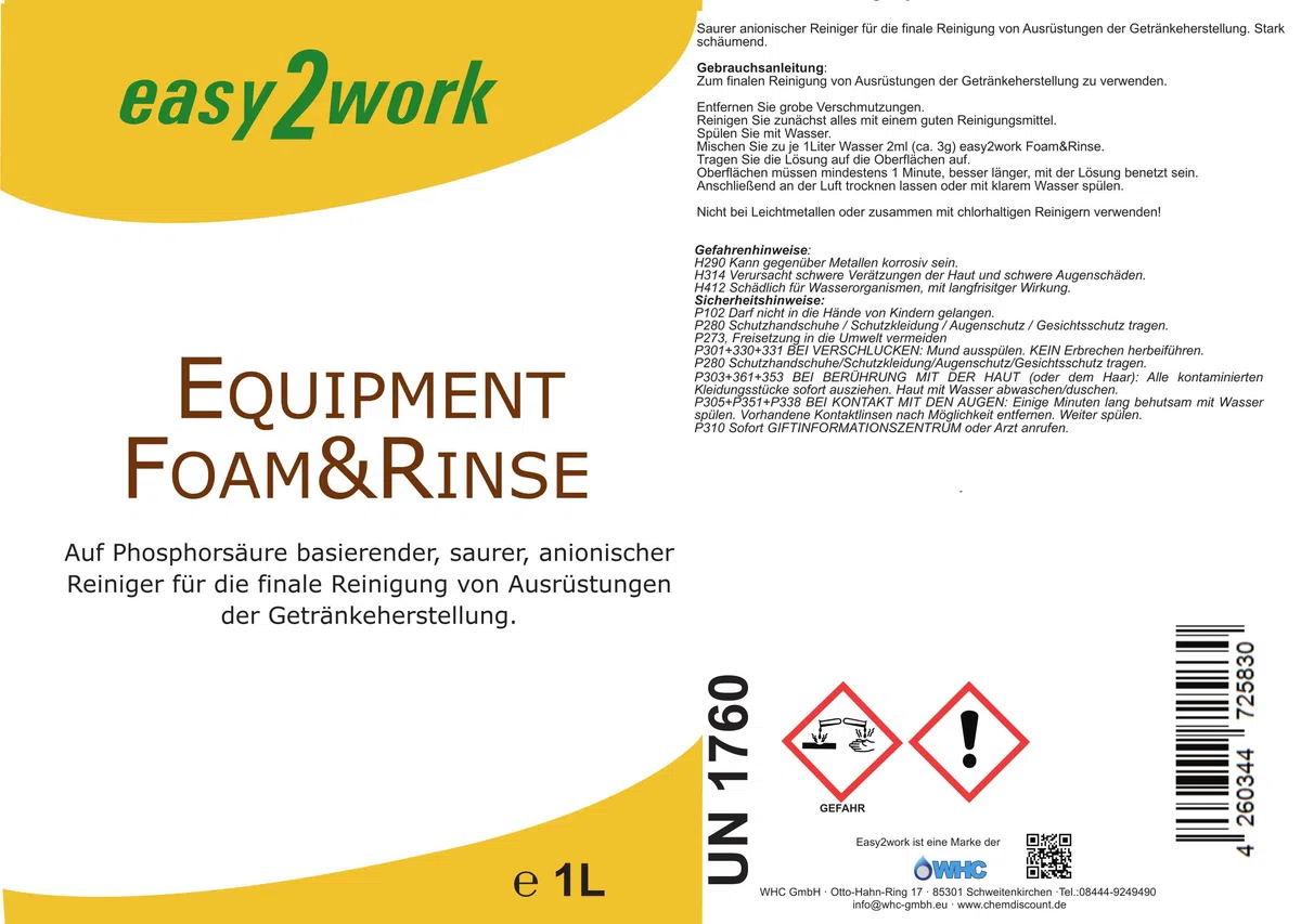1Liter Equipment Foam&Rinse ("EFR"): saures, anionisches, stark schäumendes Reinigungskonzentrat für die finale Reinigung (Nachspülen) von Ausrüstungen der Getränkeherstellung.