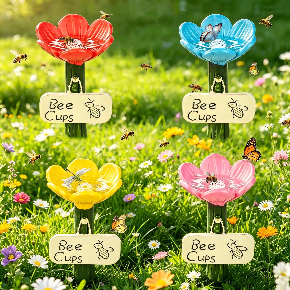 4 Stück Insektentränke, Bienentränke für Den Garten, Cups for Bee, Insektentränke Garten für Insekten, Bienentränke für Durstige Bestäuber, Hummeln Landeplatz Garten Terrasse Balkon