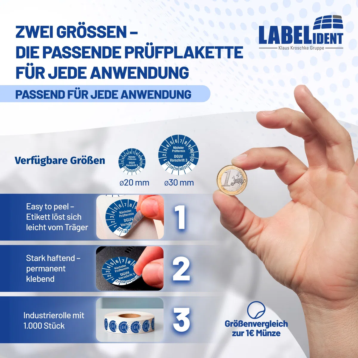 Labelident Prüfplaketten Nächster Prüftermin DGUV Vorschrift 3 - Ø 30 mm - 1.000 auf Rolle, 2027-2032, selbstklebend