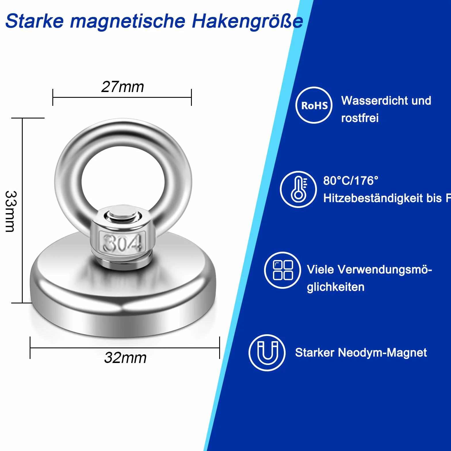 Neodym Magnete Extra Stark Magnetfischen 45kg,32MM Magnete Stark Groß,Magnetfischen mit Heberinge und Schrauben, 2 Stück Starker Angelmagnet mit Loch für Camping Industrie Magneten Zuhause Werkstatt