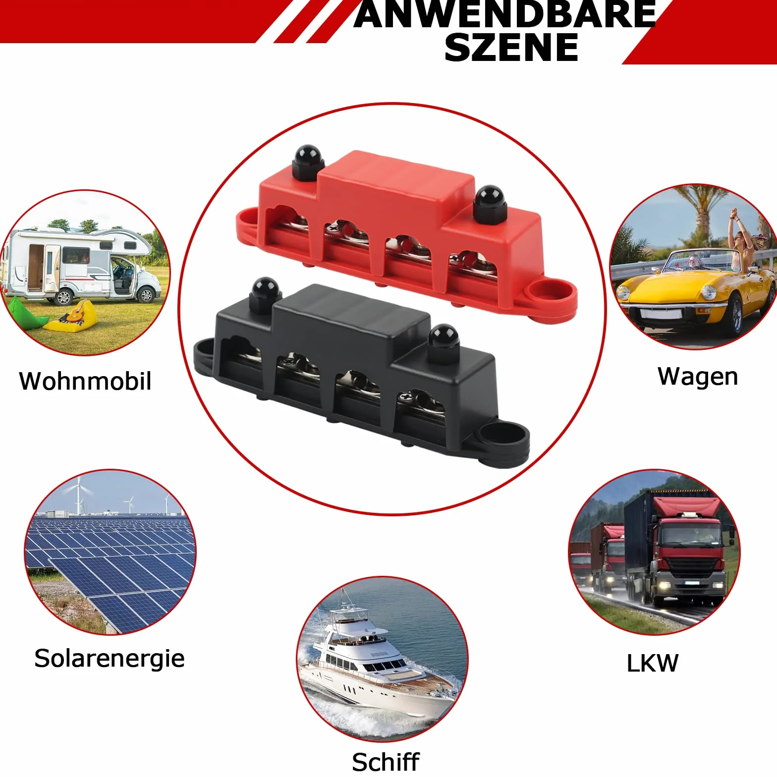 12V-48V DC Sammelschienen Verteilerblock 250A BusBar Box mit 4 x M10 Klemmenbolzen Hochleistungsmodul, Stromverteilungsblock Erdungsstrom für Auto RV Boat Yacht (Rot Schwarz, 2PCS)