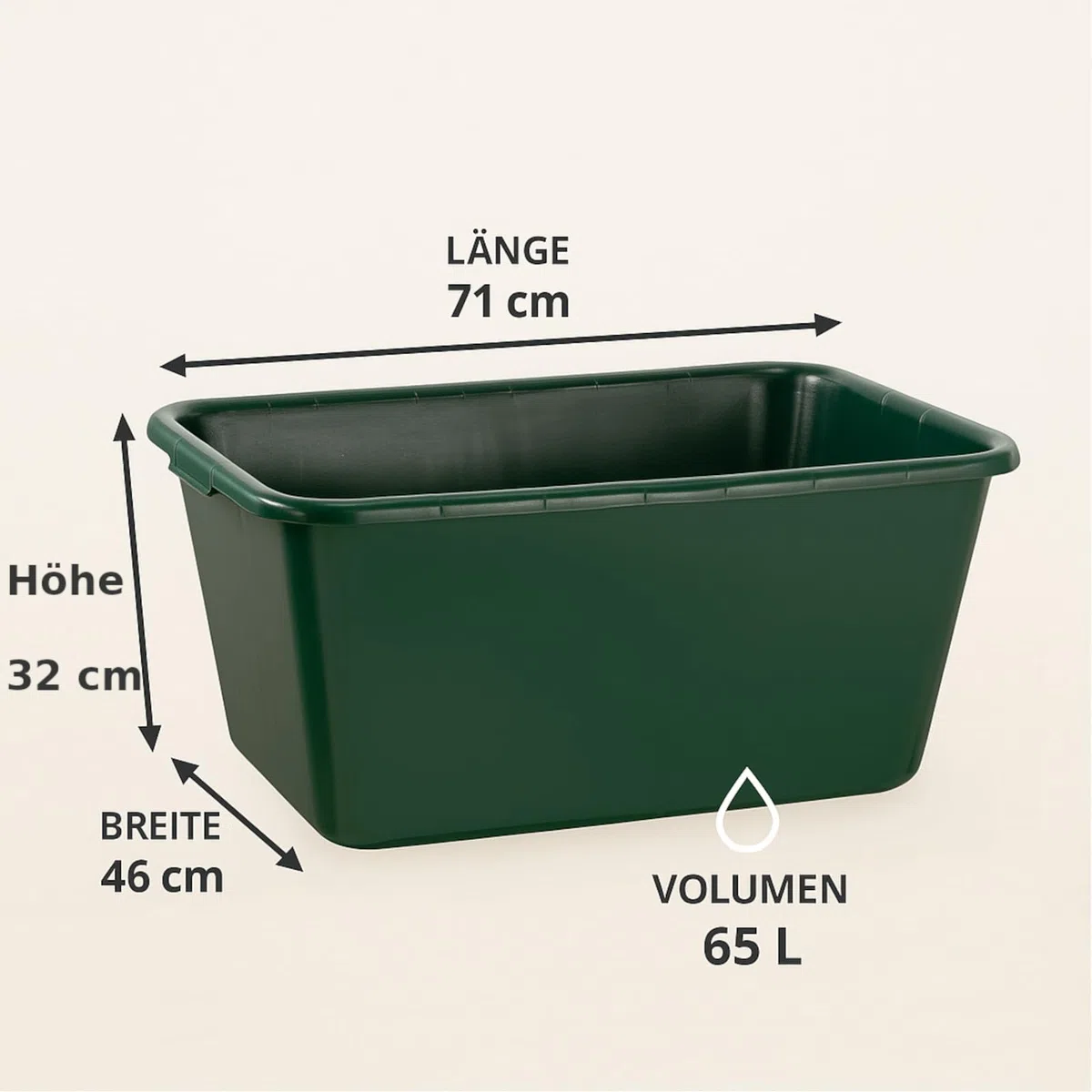 Futterwanne 65 Liter Wassertrog Wasserbottich Pferd Wildwanne Grün Robust | BURI, lebensmittelecht, Kunststoffwanne, Pferdetränke, Jagdwanne, Tierhaltung, Garten, langlebig, vielseitig, groß