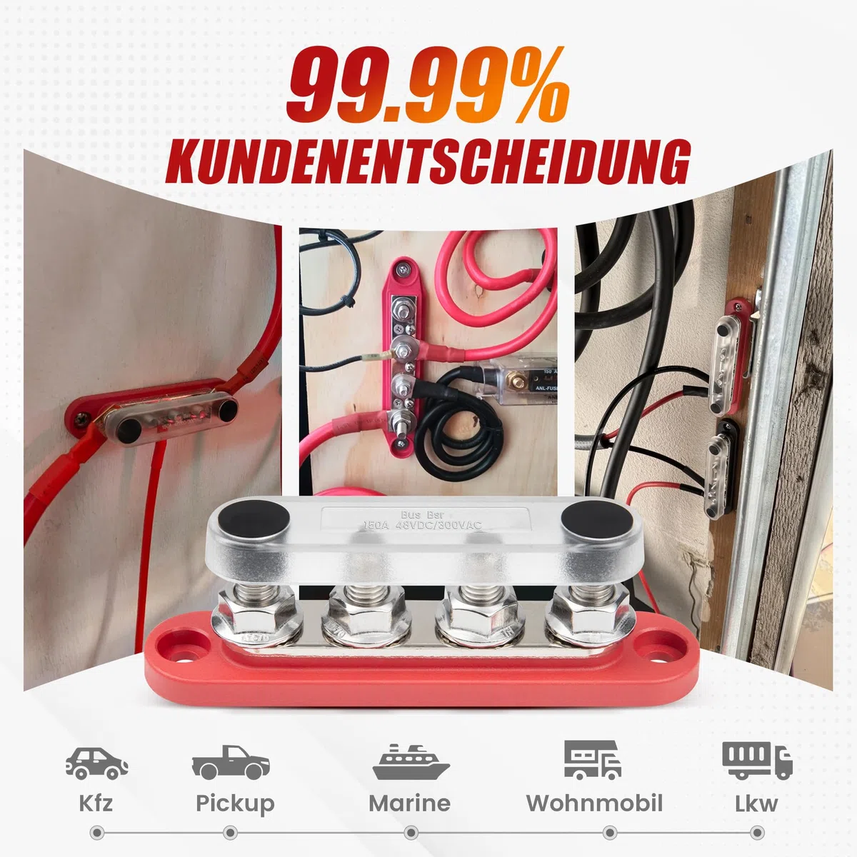 RED WOLF 150A Sammelschiene Verteilerblock 12V-48V DC für Auto Marine RV Wohnmobil Lkw Elektrik System Klemmleisten, Positive Masse Stromverteilungsblock Busbar mit 4 x M8 Klemmenbolzen