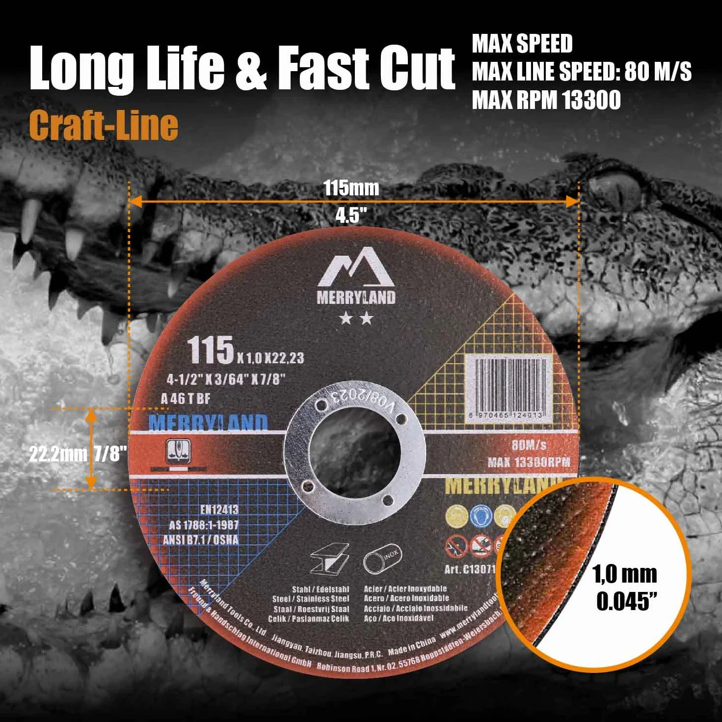 Merryland Trennscheibe 115 Metall Edelstahl Stahl für Winkelschleifer, 115 X 1,0 mm Dünn Flexscheibe Gerade 50 Stück, Craft-Line C13071042-50