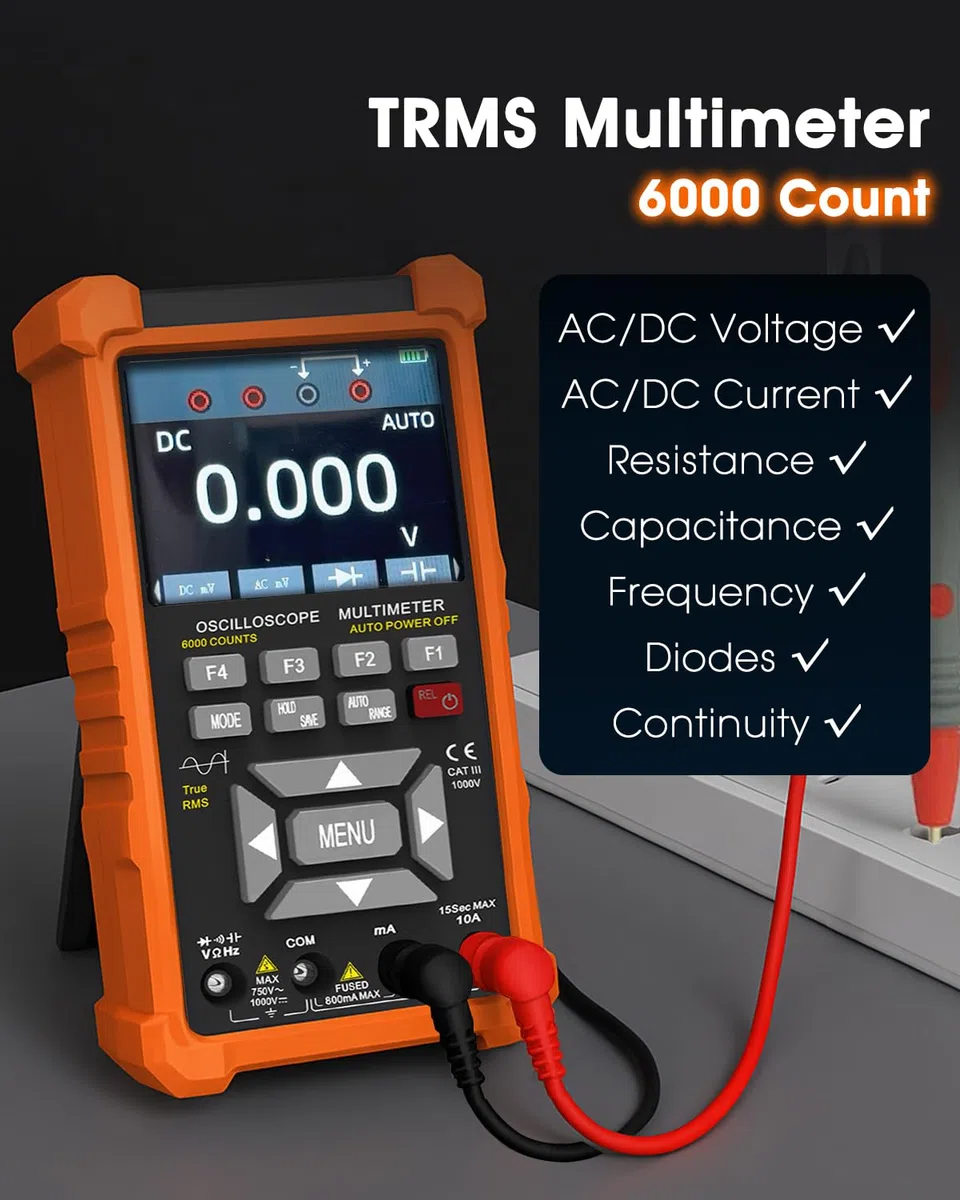 Oszilloskop 2 Kanal, 50MHz Bandbreite 280 MSa/s, Multimeter TRMS 6000 Count, Signalgenerator 13 Signalwellenformen, Automotive Oscilloscope für Heimwerker, Heimgebrauch, Kfz-Reparatur