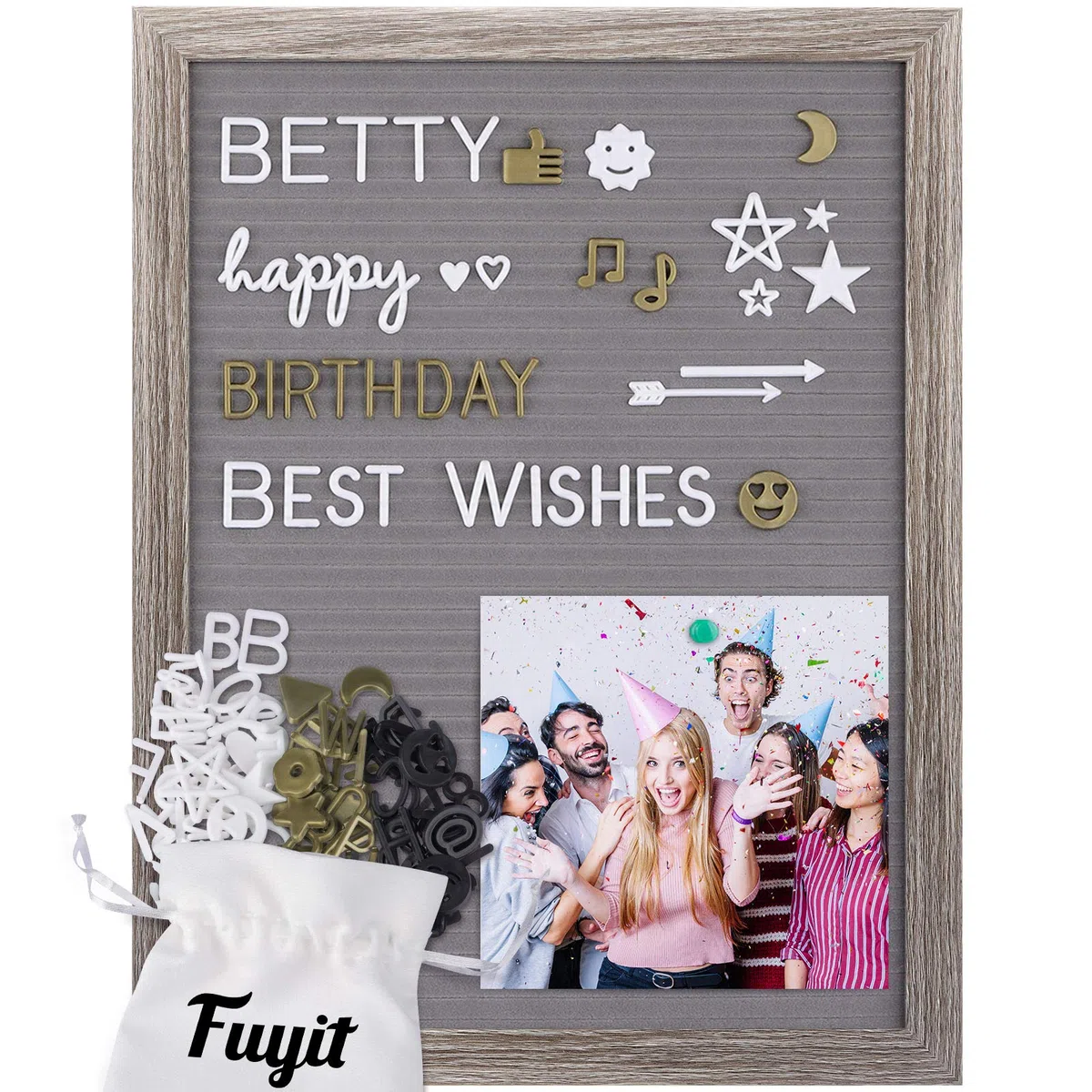 Fuyit Felt Letter Board Holz und Filz 16"x12",Grau Eva Veränderbar Buchstaben Board Retro Felt mit 1090 Weiß&Gold&Schwarz Buchstaben&Zahlen und Emojis&Kursive Wörter,Ständer und Beutel