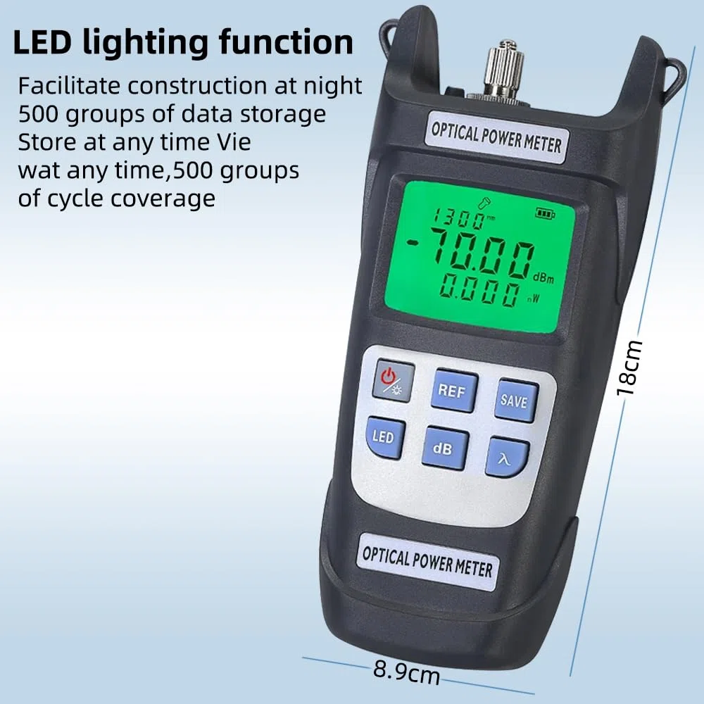 Glasfaser-Leistungsmesser, hochpräziser Glasfaserkabeltester -70 dBm ~ + 10 dBm mit LED-Licht, optischer Leistungsmesser OPM mit 10 Wellenlängenspeicher (Grau)