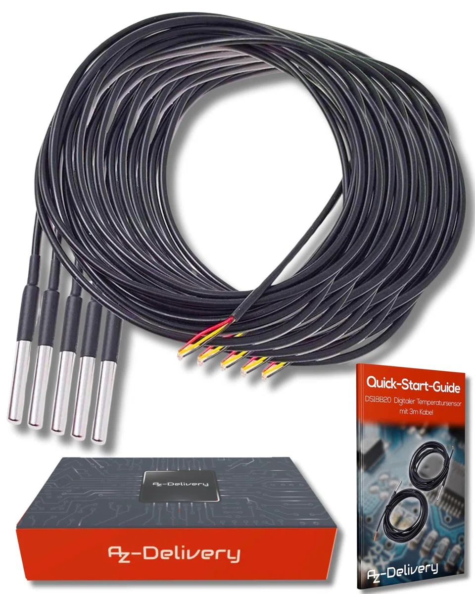 AZDelivery 5 x DS18B20 3M Kabel digitaler Edelstahl Temperatursensor Temperaturfühler, wasserdicht kompatibel mit Arduino und Raspberry Pi inklusive E-Book | kompatibel mit Shelly Temperatursensor