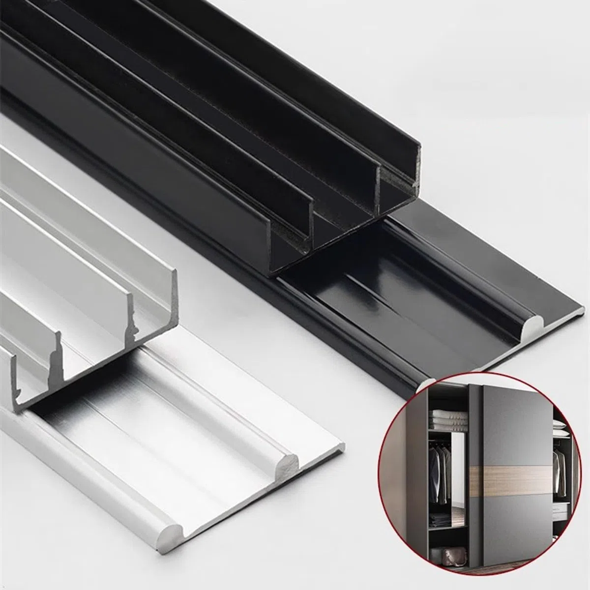 Schiebetürschiene for den Kleiderschrank, Beschlagsatz for Schiebetüren aus Aluminium, Zwei Reihen von Riemenscheiben, leiser und reibungsloser Betrieb, (Silver,110cm)