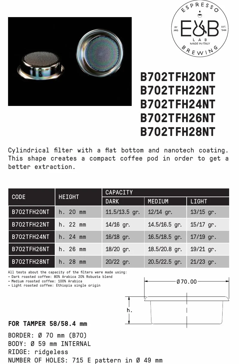 E&B Lab, by IMS Nanoquartz Precision Basket mit größter Filtrationsfläche von 715 Löchern, für ca. 18 Gramm, B702TFH24NT Silber