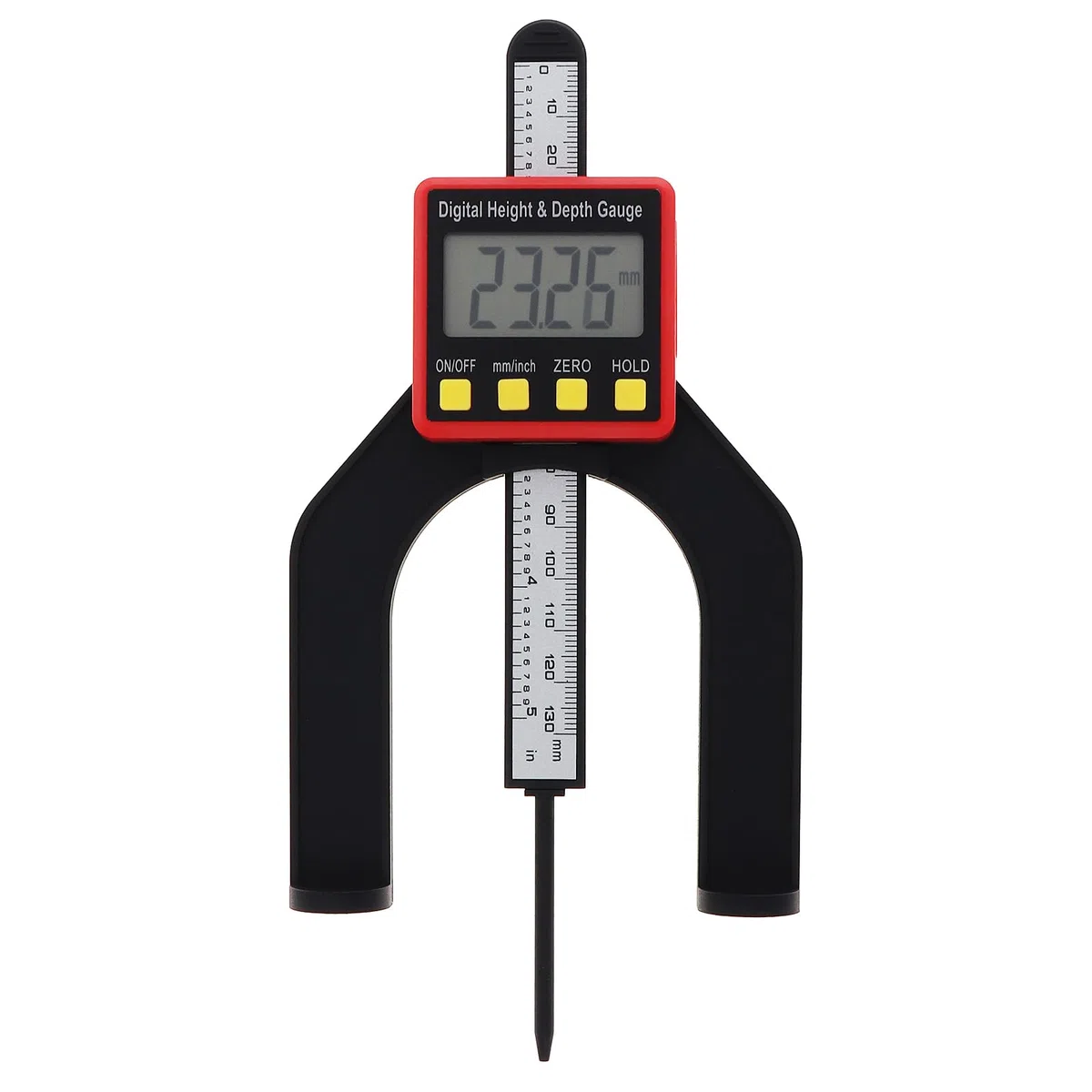 Digitales Tiefenmesser, Höhenmesser, LCD-Display, Messlineal für Oberfräse, Tischsäge, Tischdickenmessgerät mit magnetischem Selbststehend, für Holzbearbeitung, Heimdekoration (rot)