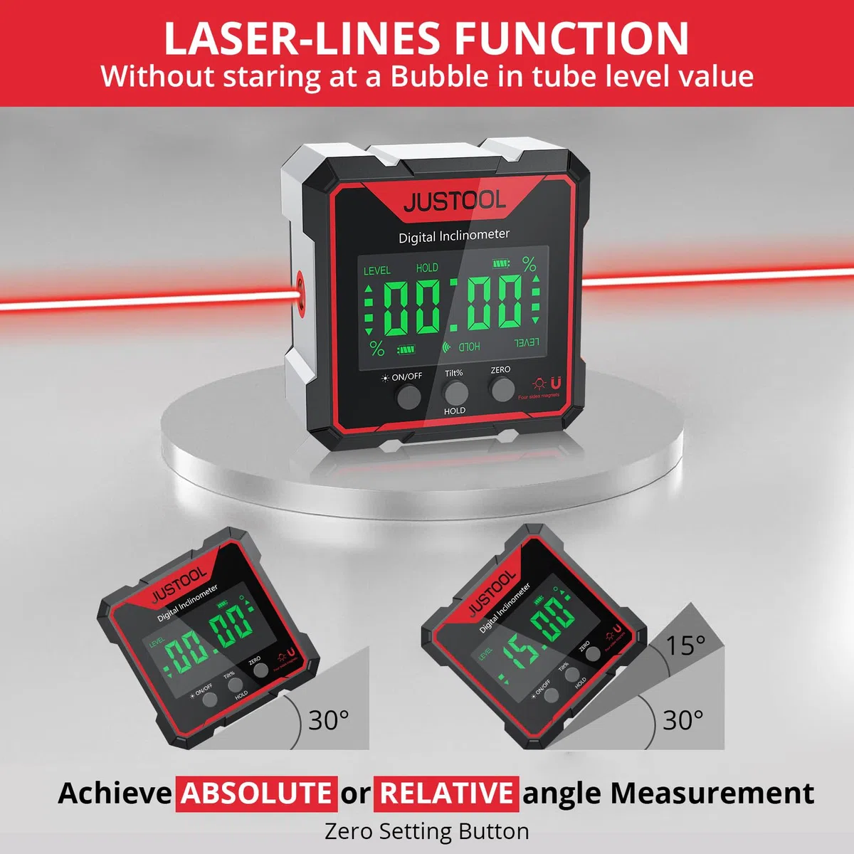JUSTOOL Digitaler LCD Winkelmesser Neigungsmesser Inklinometer Laser Winkelmessgerät Wasserwaage IP54 Wasserdicht Level Box 4-Seitiges Magnetisch Nivellierbox Bevel Box mit Type-C Ladekabel