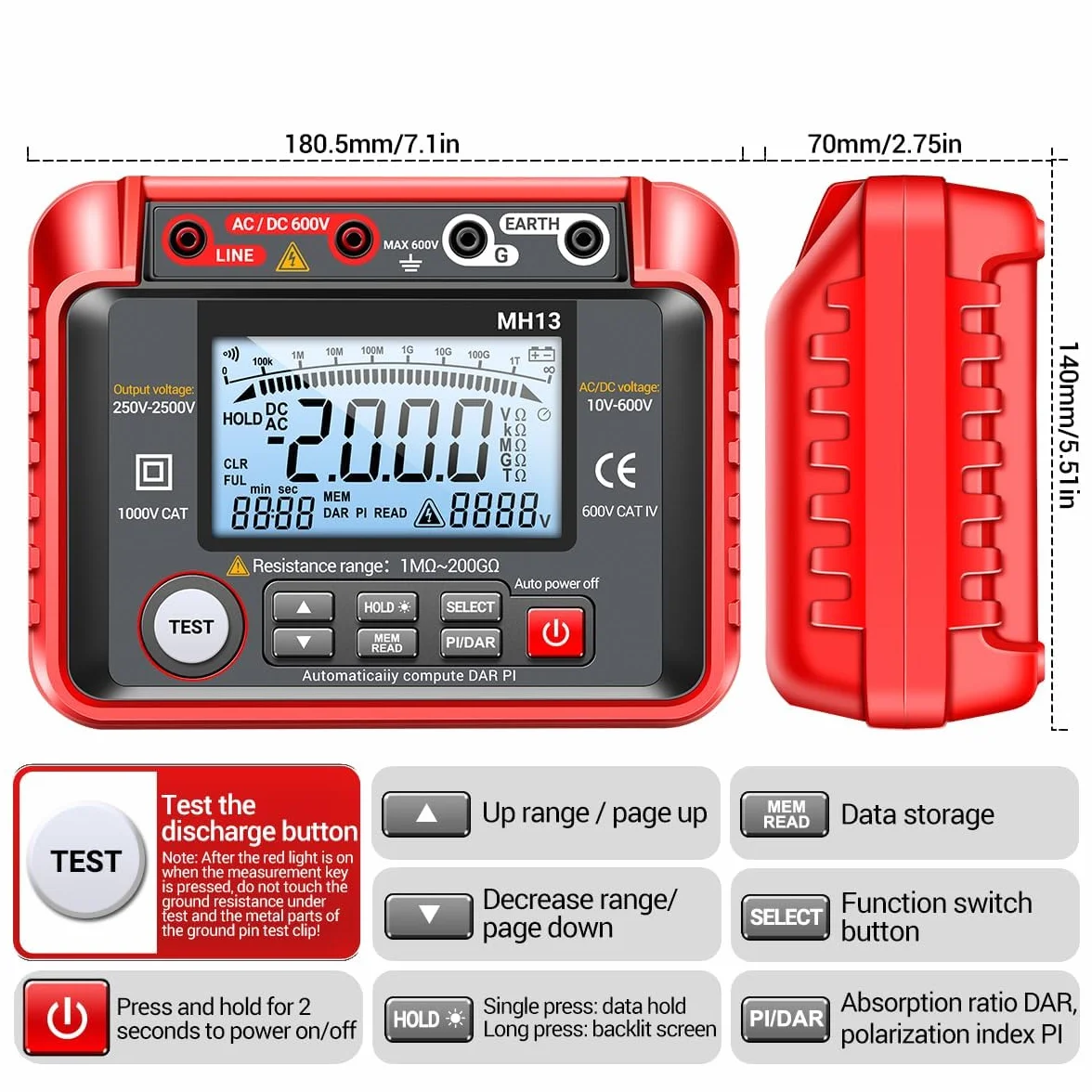 MH13 250V-2500V Digitaler Isolationswiderstandstester 1MΩ-200GΩ Megohm Test Meter Auto Range 2000 Counts LCD Display 10V~600V AC/DC Voltmeter mit 100 Datenspeicher