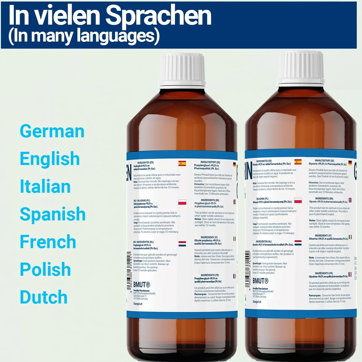 1000ml Glycerin + 1000ml Propylenglycol in Pharmaqualität | >99,5% | Rein | E422 + E1520 DIY