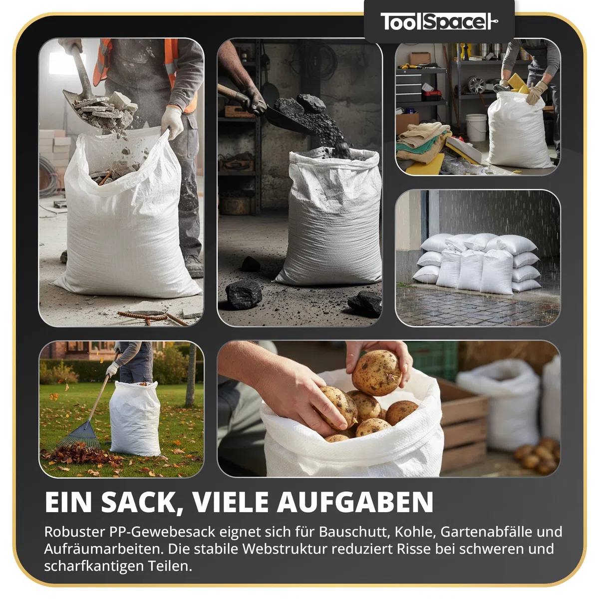 ToolSpace Gewebesack Bauschuttsäcke 20x Getreidesäcke 50kg Säcke 105x65 cm aus robustem Polypropylen Ideal als Sandsäcke Schwergutsäcke Abfallsäcke PP-Gewebesäcke als Kohlensack reißfest Transportsack