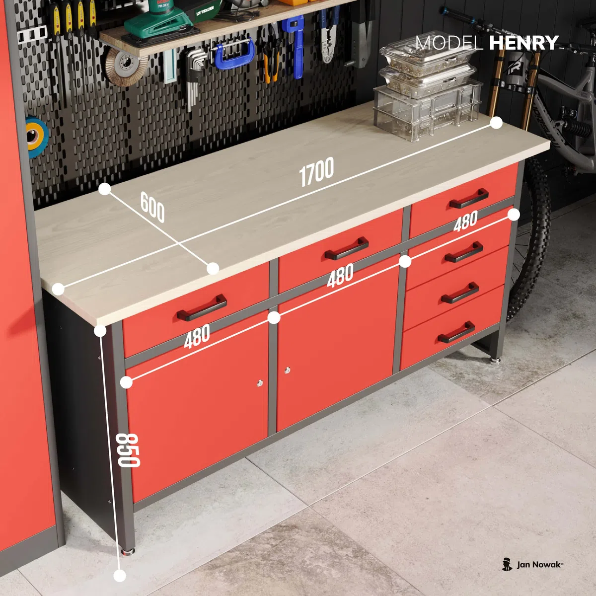 Jan Nowak Werkbank mit Arbeitsplatte Werktisch mit 6 Schubladen 2 Schließfächer Verstellbare Füße MDF-Arbeitsplatte Belastbar bis 500 kg Metall 170 cm x 60 cm x 85 cm Anthrazit-Blau