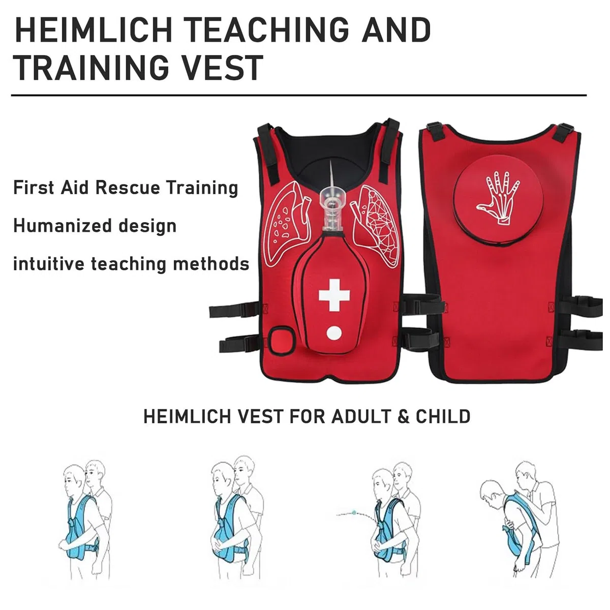 Trainingsweste für Erstickungsanfälle bei Erwachsenen (HLW- und Erste-Hilfe-Training) mit Übungsfunktion für den Heimlich-Griff und die Heimlich-Technik. Geeignet für Pflegekräfte und Studierende.