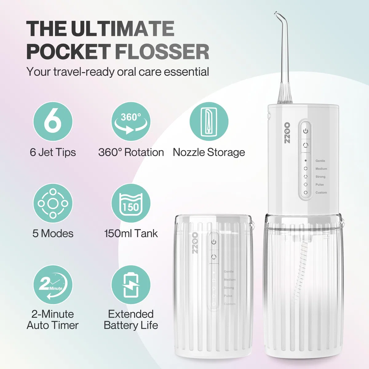 OOZZ Travel Water Flosser, Schnurlose Taschenmunddusche, 5 Druckmodi, 6 Strahlspitzen, USB-wiederaufladbar, kompaktes Design, tragbare Munddusche (Wolke) | USB-C-Ladefunktion, 5 Reinigungsmodi, 6 austauschbare Aufsätze, IPX8 wasserdicht, Kabellos & auslau
