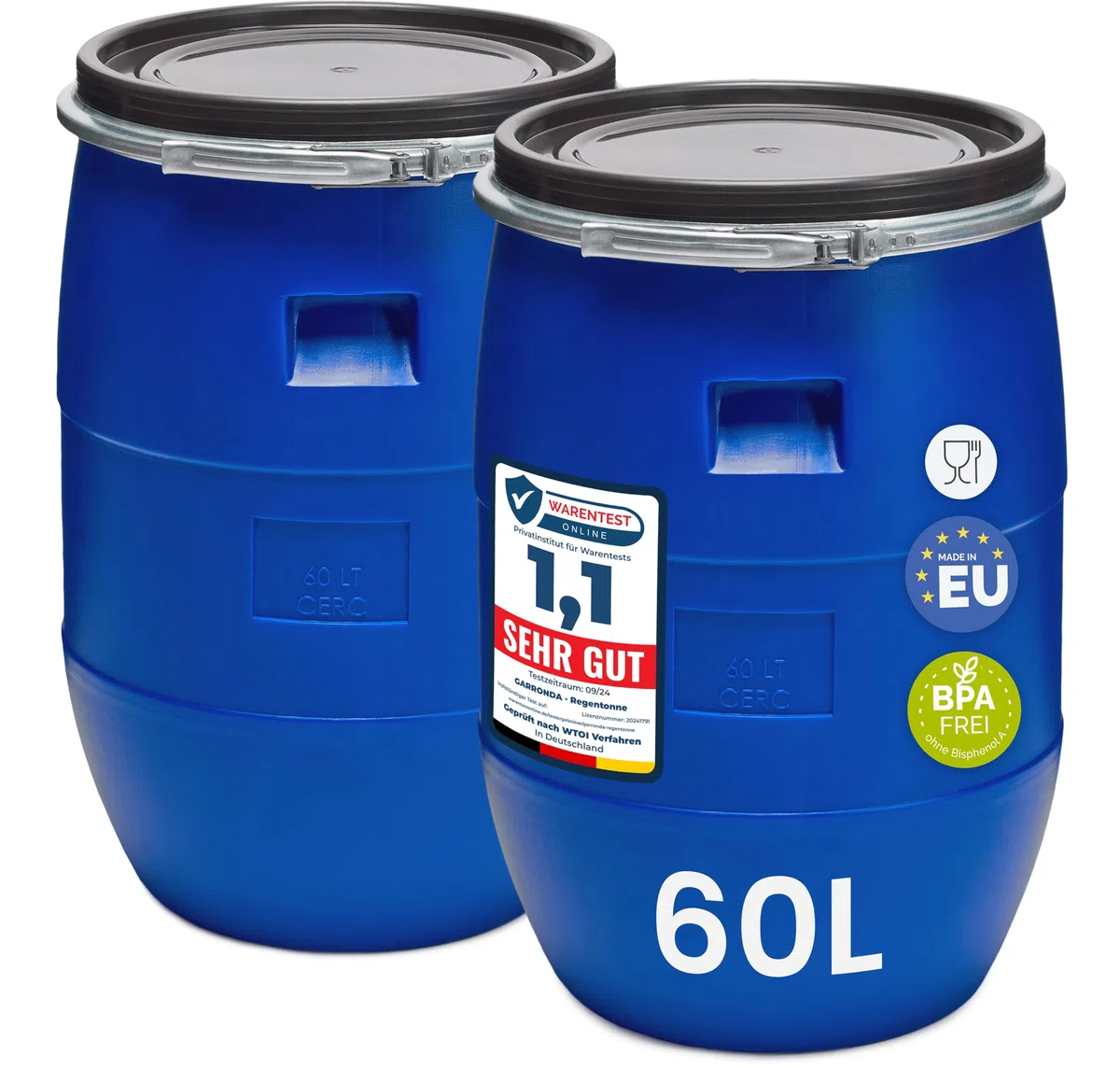 Garronda Set 2X 60 Liter Deckelfass Weithalsfass aus HDPE Regenfass für Garten Fass 60l Wassertonne Futtertonne Wasserbehälter Universalfass Wasserfass Lebensmittelfass Wassertank GD-0122, Blau