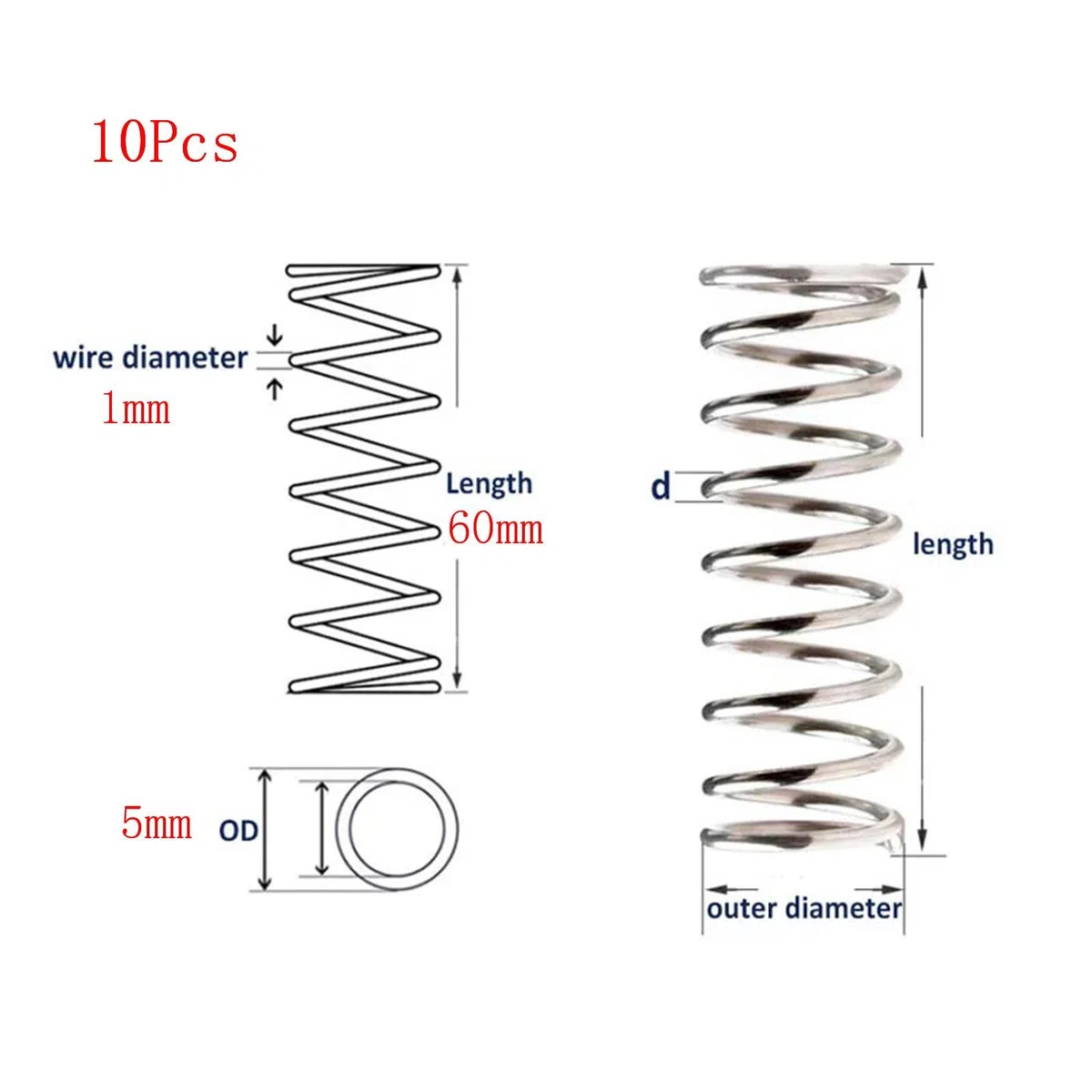 Druckfeder, Edelstahl, 1 mm x 5 mm x 60 mm, 1 mm Draht Durchmesser, 5 mm OD, 60 mm freie Länge, 10 Stück