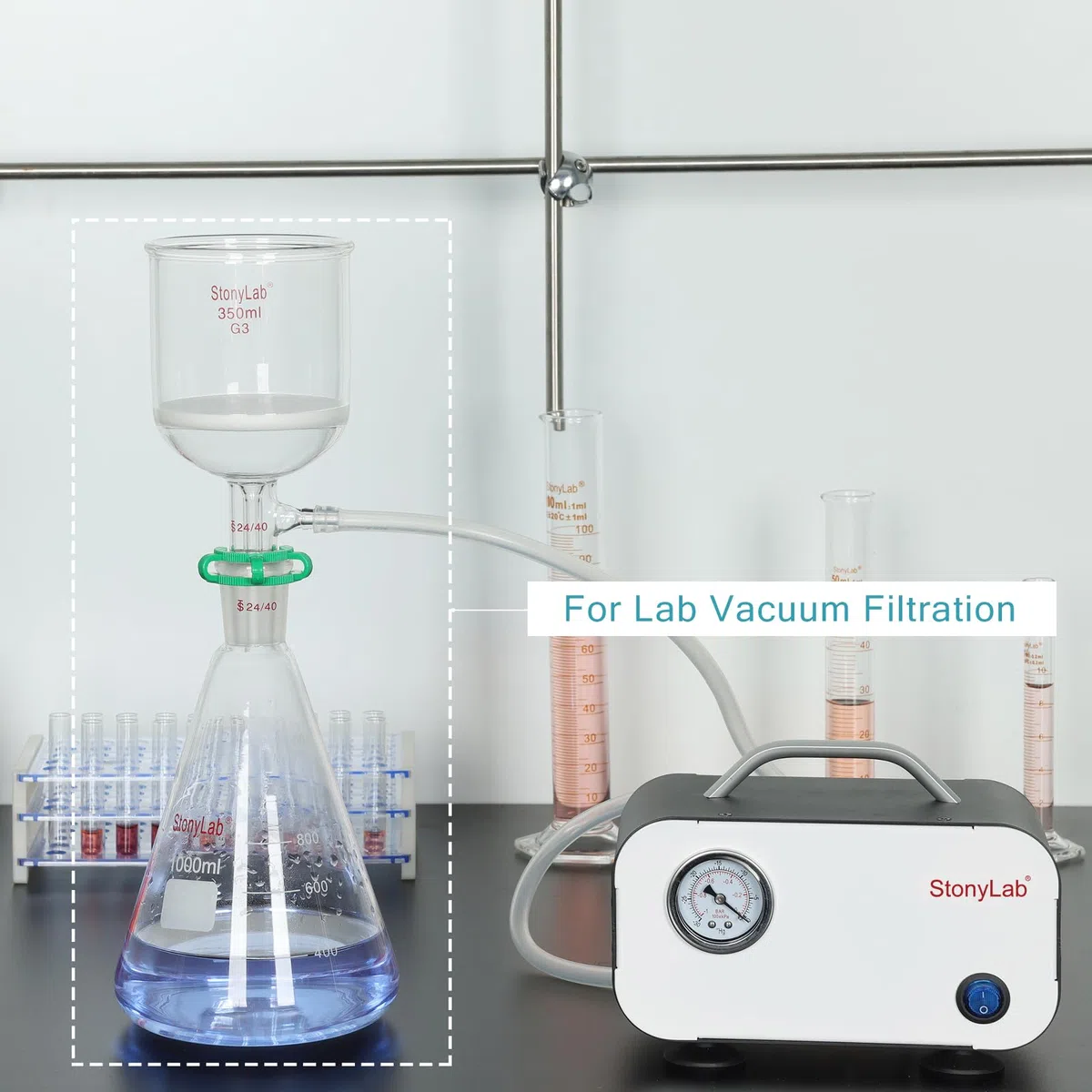 stonylab Buchner Trichter & Flasche Set, 350 ml Trichter aus Glas mit 1L Erlenmeyerkolben und Silikon Schläuche für den Einsatz im Labor