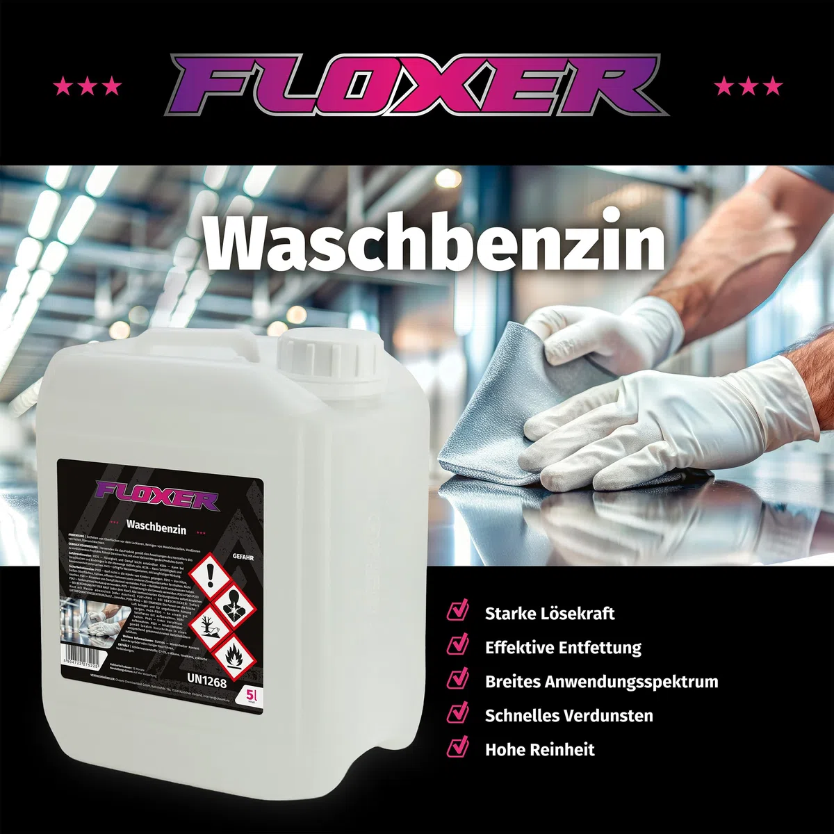 FLOXER Waschbenzin 5L – Reinigungsbenzin & Entfetter. Schnell flüchtiges Testbenzin gegen Fett, Öl, Kleber, Teer. Universelles Lösungsmittel für Werkstatt, Auto & Haushalt für saubere Ergebnisse.