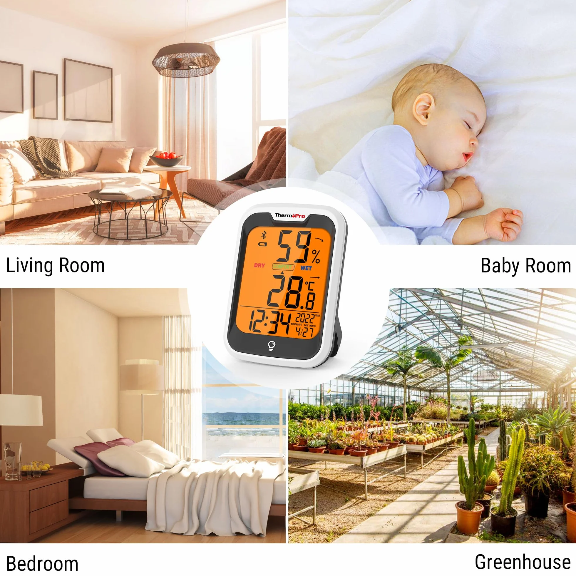 ThermoPro TempPro Bluetooth Hygrometer Innen Thermometer für Innenräume 2er-Set Uhrzeit/Datum 0.5℃ Genau Nachtlicht Luftfeuchtigkeitsmesser mit Aufzeichnung Thermometer Innen für Schlafzimmer