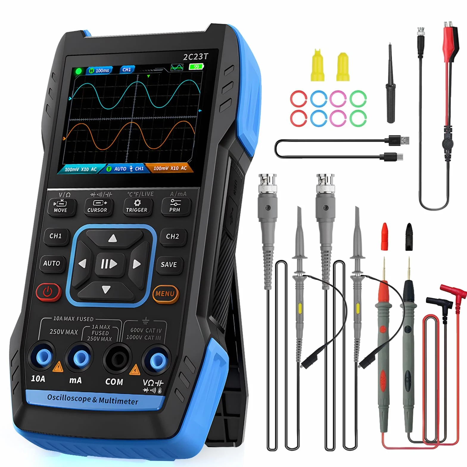 Oszilloskop Multimeter(Deutsch), WapoRich 2 Kanal Handheld Oszi, 3-in-1 Digital oscilloscope mit 10 MHz, 50 MSa/s, TRMS 9999 Counts, 7 Signalwellenformen, 32 KB Speichertiefe, Online-Update