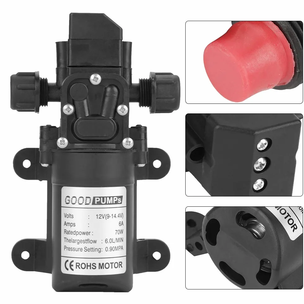 Wasserpumpe DC 12V Selbstansaugende Druckwasserpumpe 0.9Mpa 6L/Min Hochdruckpumpe Membranpumpe für Wohnwagen Wohnmobil Boote Garten