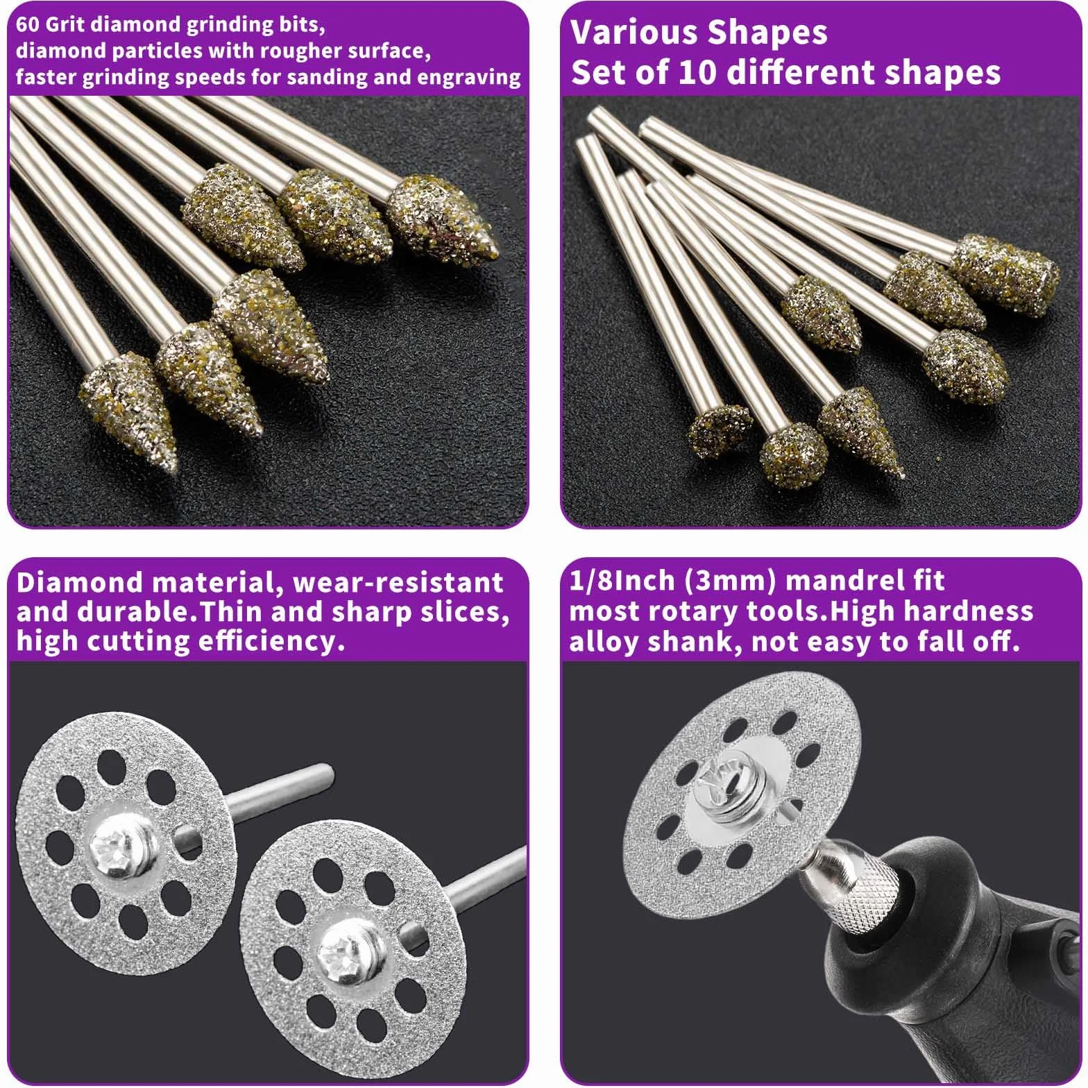 32 Stück Diamant Fräser Set 60 Körnung, Rotary Tool Zubehör mit Diamanttrennscheibe und 1/8"(3mm) Schaft Passform für Stein Glas Keramik Schnitzen, Schleifen, Polieren, Gravieren, Schneiden