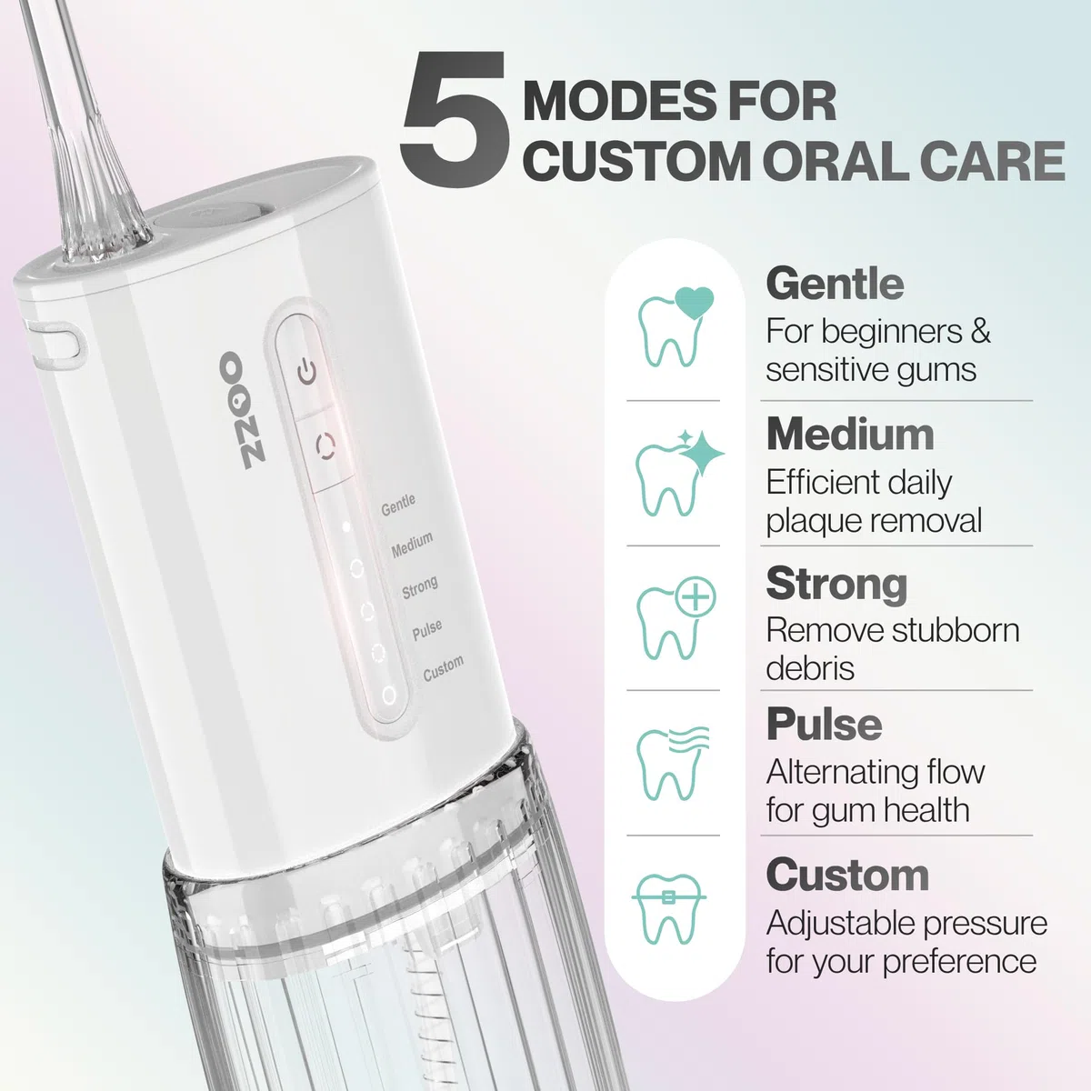 OOZZ Travel Water Flosser, Schnurlose Taschenmunddusche, 5 Druckmodi, 6 Strahlspitzen, USB-wiederaufladbar, kompaktes Design, tragbare Munddusche (Wolke) | USB-C-Ladefunktion, 5 Reinigungsmodi, 6 austauschbare Aufsätze, IPX8 wasserdicht, Kabellos & auslau