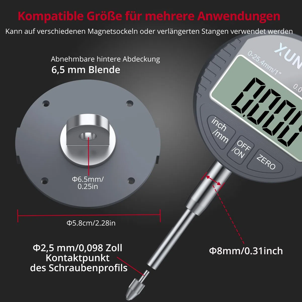 XUNTOP Digitaler Messuhr DTI Digital Dial Indicator 0,01/.0005'' Messbereich 0-25,4 mm (0-1'') für mechanische, industrielle & Laboranwendungen