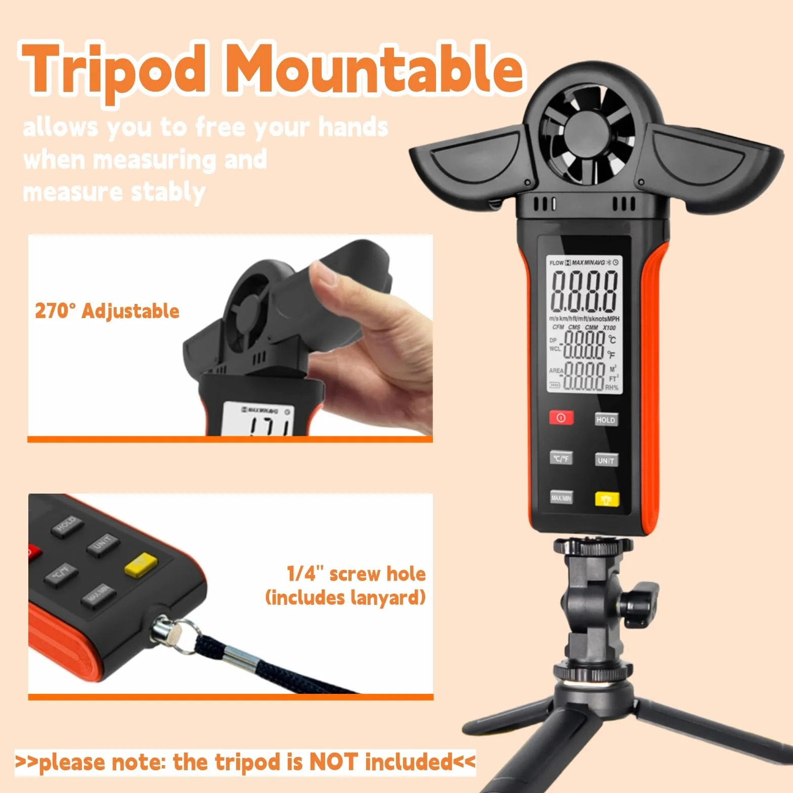 Windmesser Windmessgerät, WapoRich Digital Anemometer Handheld Wind Speed Meter Gauge Misst Luftfeuchtigkeit/Temperatur/Windgeschwindigkeit mit MAX/MIN/AVG für HVAC, Segeln, Surfen, Drohne RQ-5000K