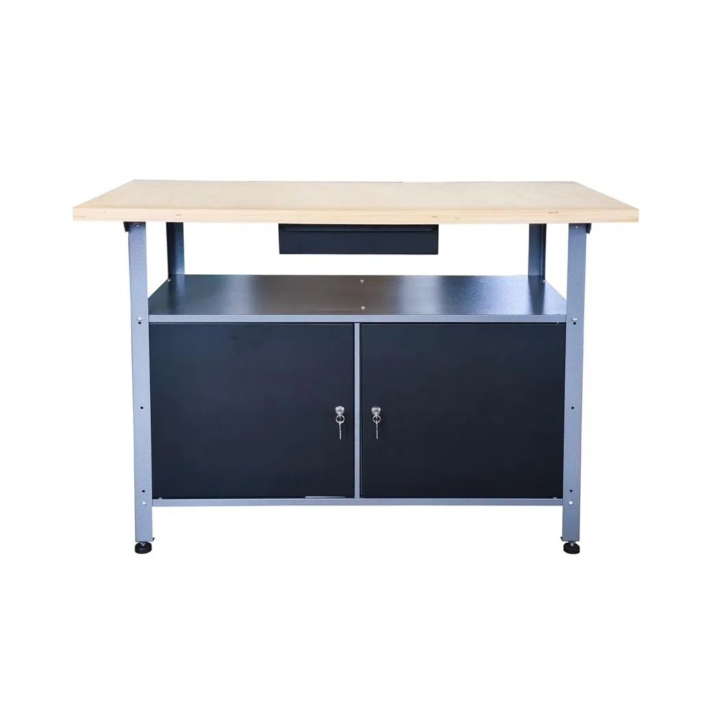 Werkbank aus Metall mit 30 mm Sperrholzplatte, verschließbaren Türen und Schublade, Maße (BxTxH): 120 x 85 x 60 cm