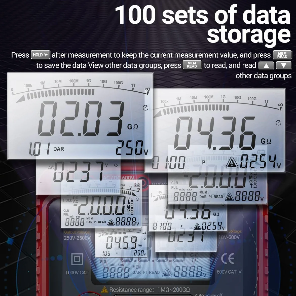 MH13 250V-2500V Digitaler Isolationswiderstandstester 1MΩ-200GΩ Megohm Test Meter Auto Range 2000 Counts LCD Display 10V~600V AC/DC Voltmeter mit 100 Datenspeicher