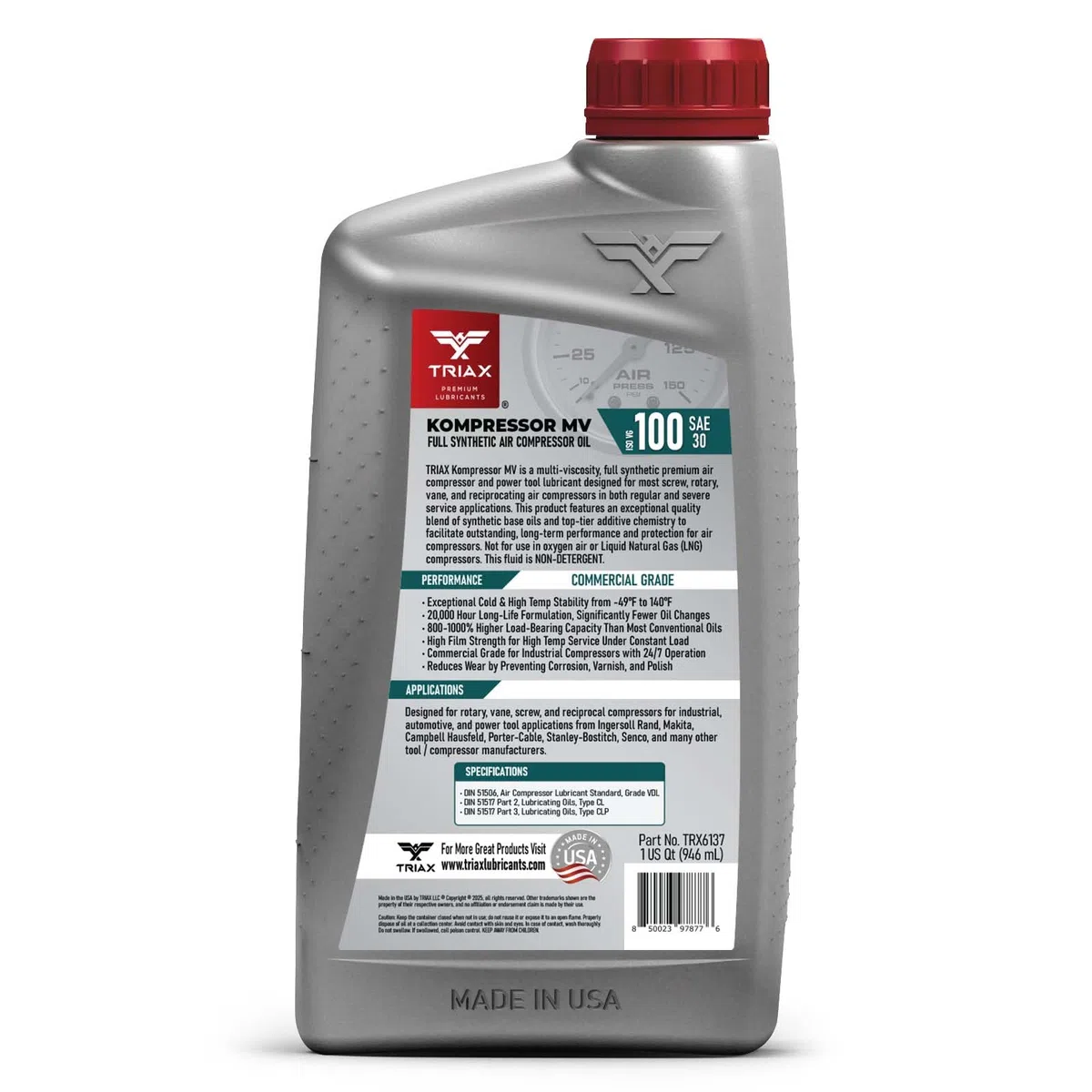 TRIAX Kompressor MV ISO 100 (SAE 30) – Vollsynthetisches Kompressor‑Öl, Non Detergent – Hohe Temperaturbeständigkeit, – Für Schrauben‑, Palette‑, Rotations‑ und Kolbenkompressoren 0,946 L (1 Quart)