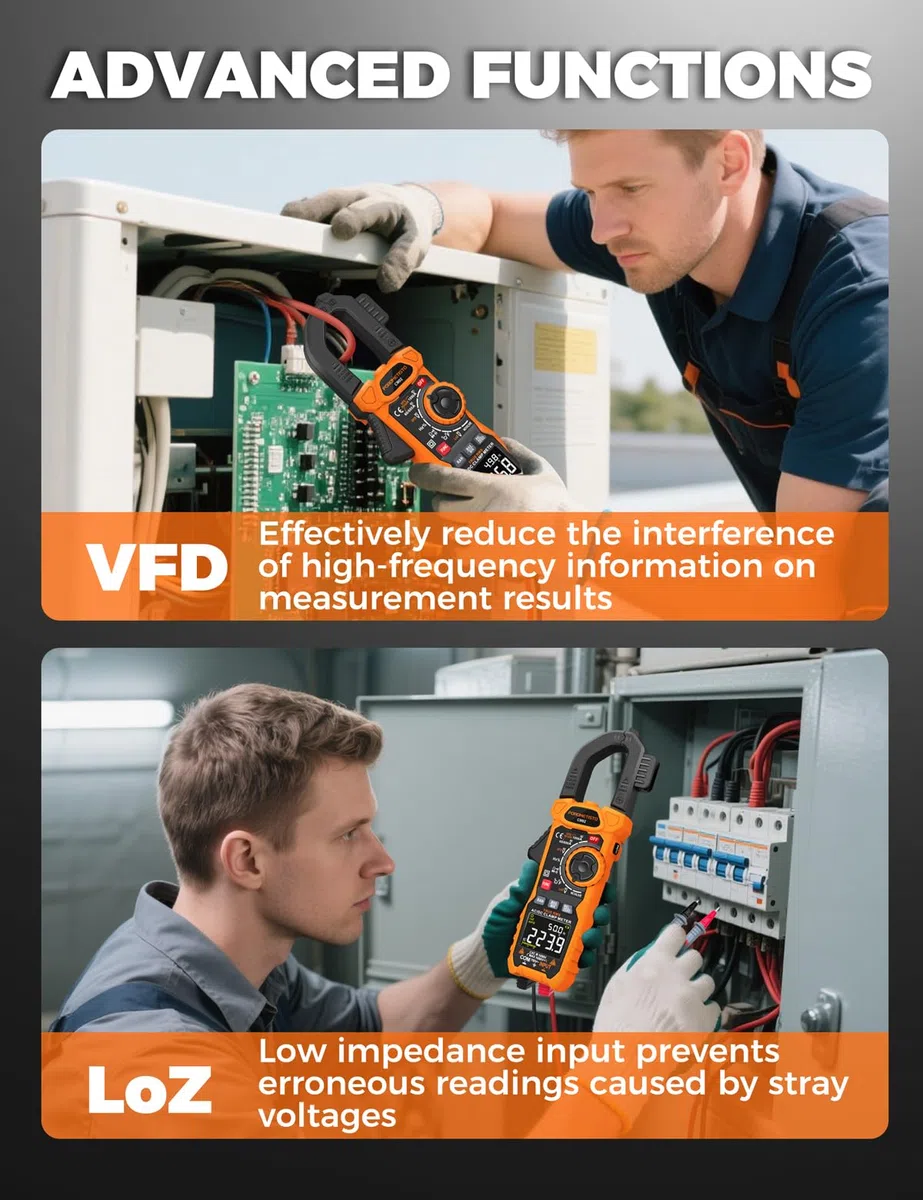 AC/DC 1000A Stromzange, Counts 6000 TRMS Strommesszange CM02,Zangenamperemeter mit VFD/LOZ-Modus,Multimeter zum Messen von AC/DC,Strom,Spannung, NCV,Frequenz,Temperatur und Kapazität