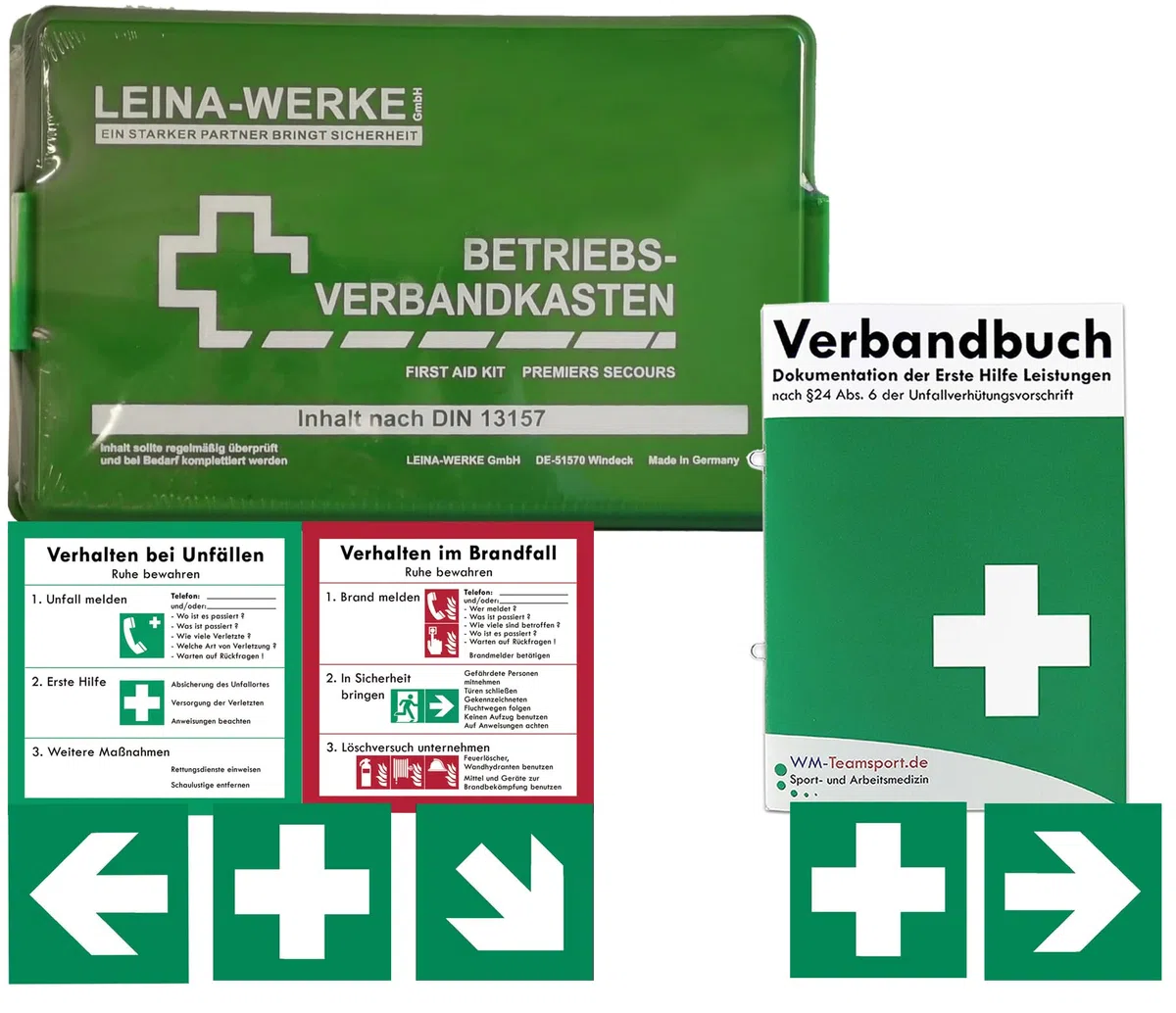 Betriebs-Verbandkasten DIN13157 mit Halterung Made in Germany + -Paket 1- Folienaufkleber -> Sicheitszeichen + Verhalten bei Unfällen + Verhalten im Brandfall