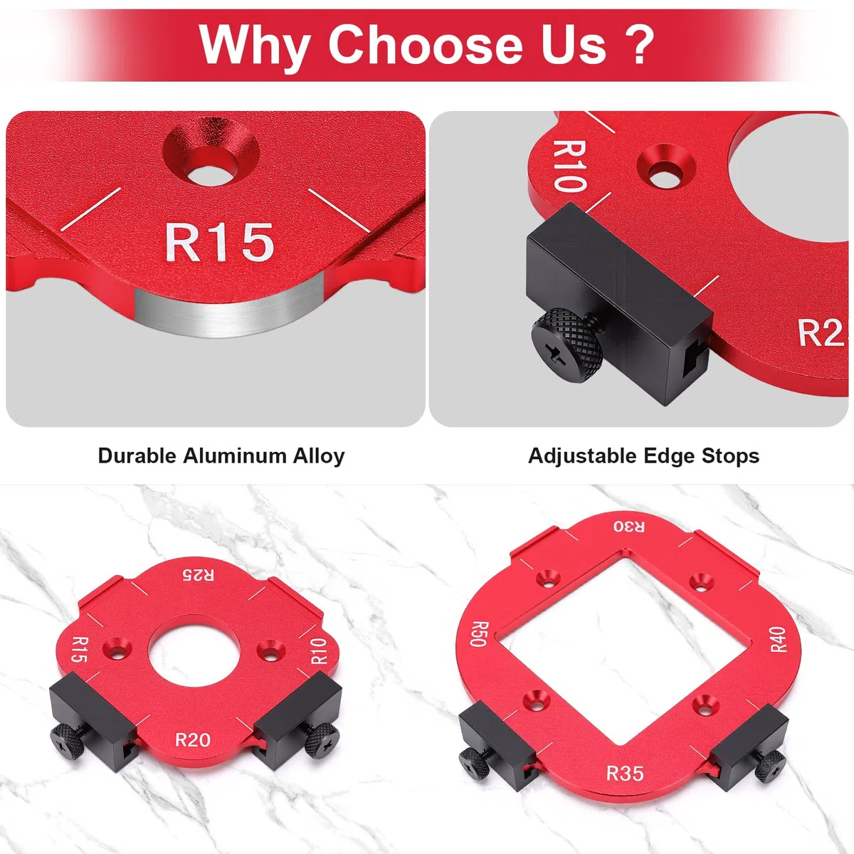Frässchablone für Oberfräse, 2 Stück Radius Jig Router Schablone, Aluminiumlegierung Ecke Radius Schablone mit 4 Bündigfräser für Holzbearbeitung R10 R15 R20 R25 R30 R35 R40 R50