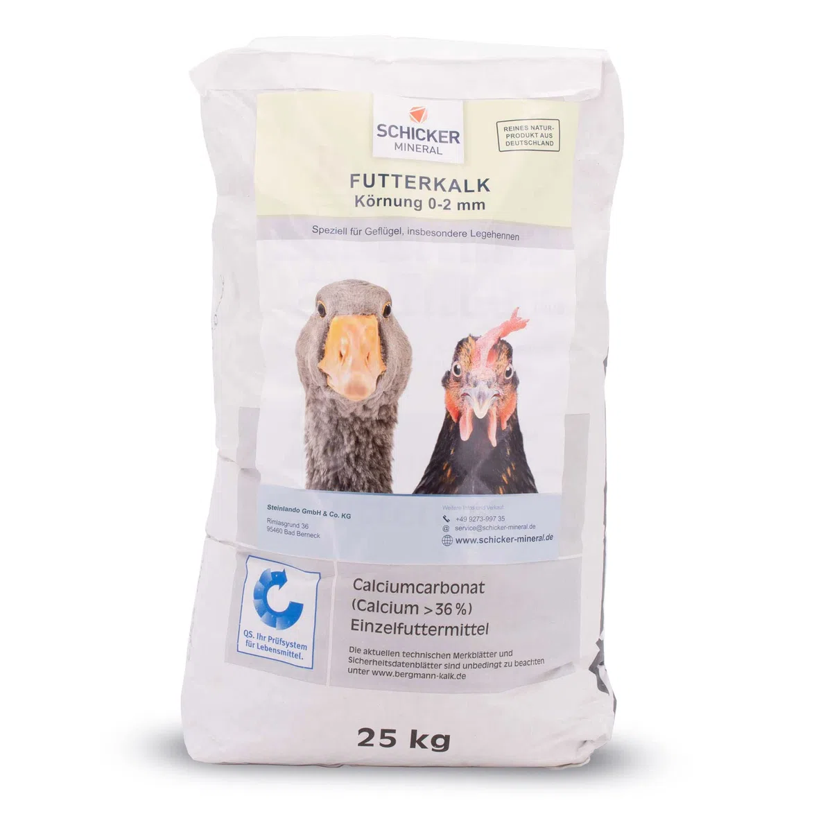Schicker Mineral Geflügel-Futterkalk 0-2,0 mm 25 kg, kohlensaurer Futterkalk, sichert Kalzium-Versorgung für Feste Eierschalen und Starke Knochen, Verdauungsförderung, beugt Mangelerscheinungen vor