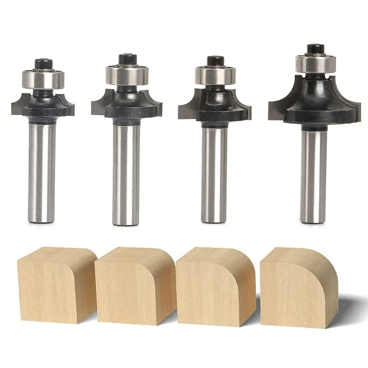 4 Stück Abrundfräsar, 8mm Schaft Rundfräser Standard Radiusfräsar Set, mit Kugelleger, Abrundfreser für Kantenfräse /Frästisch