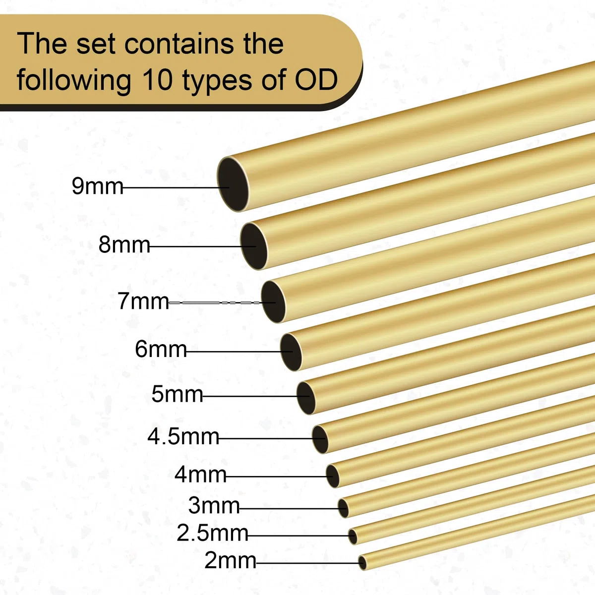 Messing-Rundrohr-Set, 2 mm, 2,5 mm, 3 mm, 4 mm, 4,5 mm, 5 mm, 6 mm, 7 mm, 8 mm, 9 mm Außendurchmesser x 0,2 mm Wandstärke, 300 mm Länge, nahtloses gerades Rohr, 10 Stück