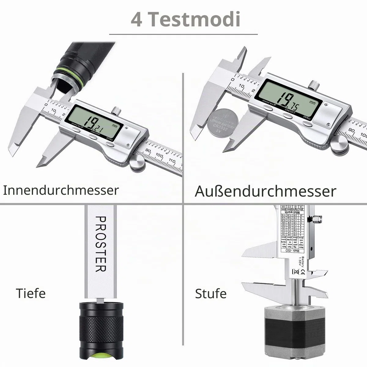 Proster Digitaler Messschieber 8 Zoll/200mm + 32 Fühlerlehre Schieblehre Edelstahl Elektronischer Meßschieber Zoll/Fraktionen/Metrisch Messschieber für Länge Breite Tiefe Innen-/ Außendurchmesser