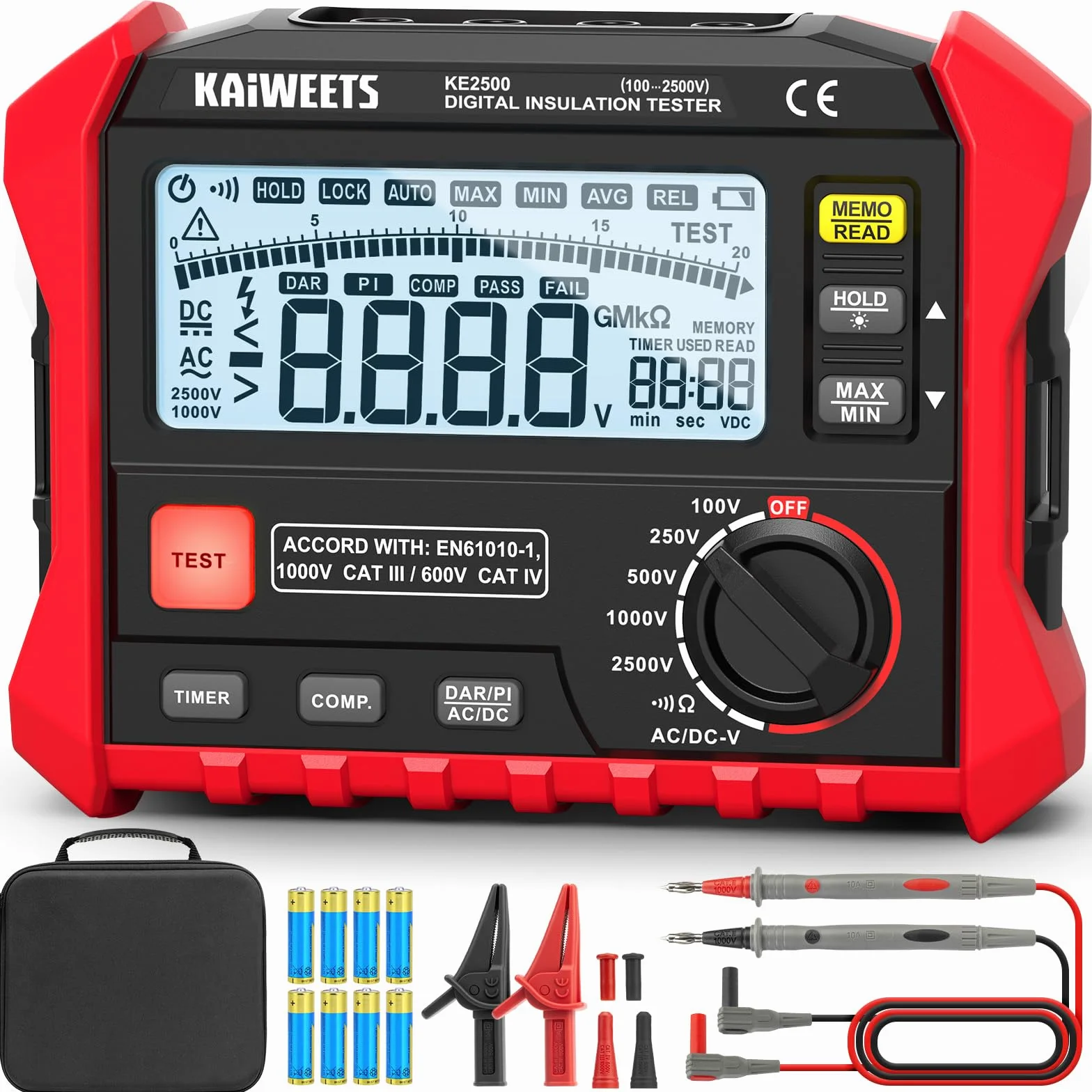 KAIWEETS Isolationswiderstandsmessgerät, bis zu 200 GΩ, Profi-Megohmmeter, 100 V/250 V/500 V/1000 V/2500 V, One-Touch-DAR/PI, misst Widerstand, Wechsel-/Gleichspannung für HLK, Motoren, Solar,