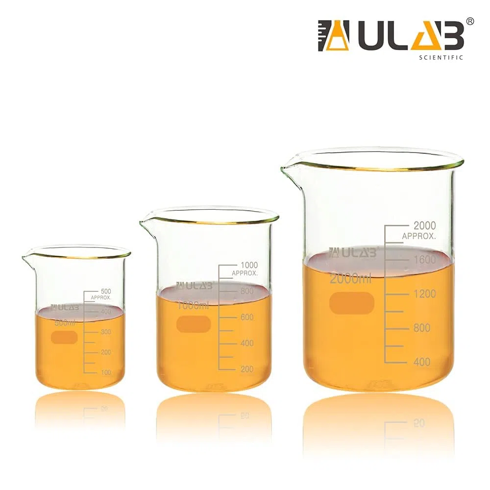 ULAB Scientific Glasbecher Set, 3 Größen von Vol. 500 ml, 1000 ml, 2000 ml, 3.3 Borosilikat Griffin, niedrige Form mit gedruckter Skala UBG1028