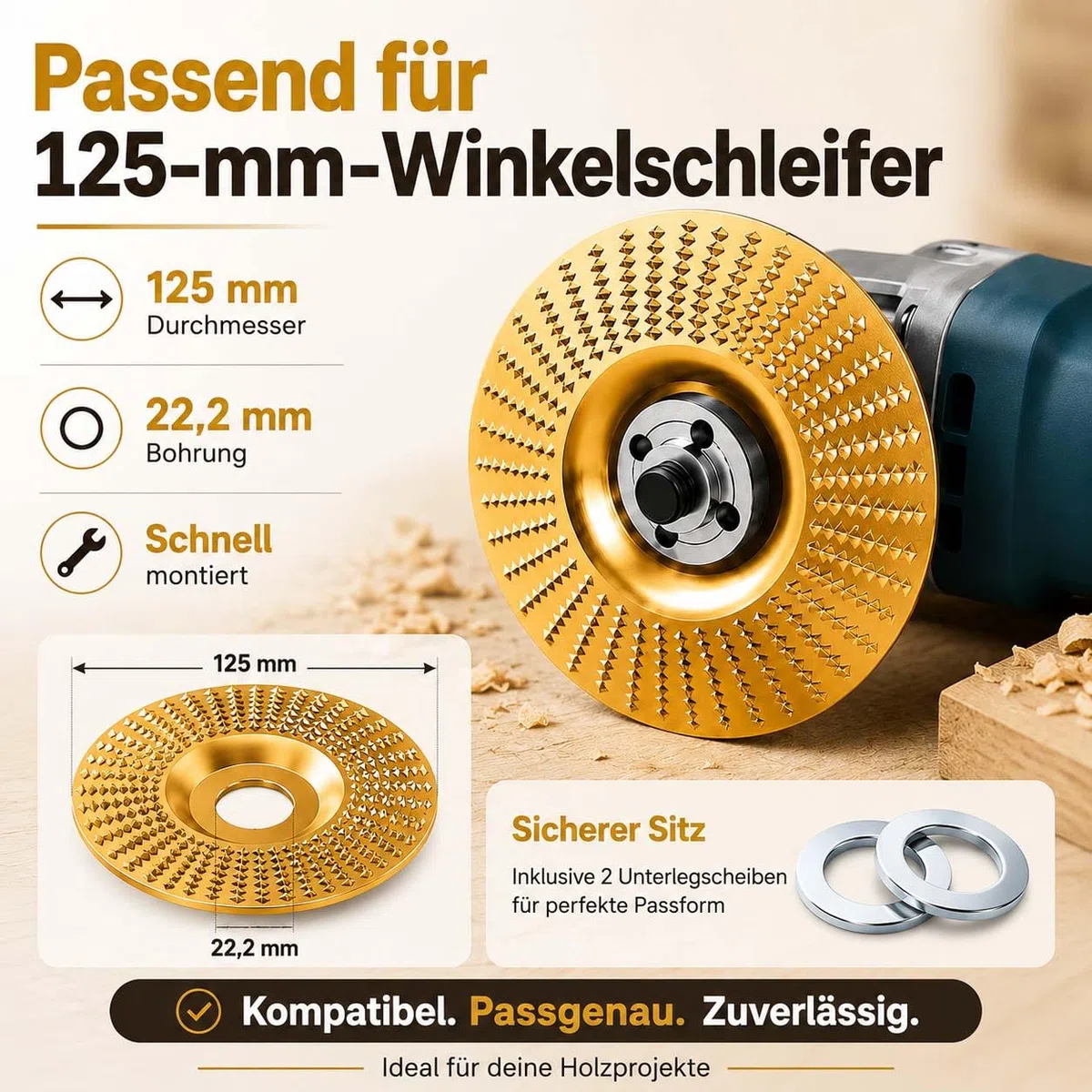 Wolframkarbid Holzschleifscheibe 125mm für Winkelschleifer, Holzschnitzscheibe mit 22,2 mm Bohrung, Raspelscheibe Holz zum Schleifen, Formen, Schnitzen, Entgraten und Trimmen von Holz (3 Mix)