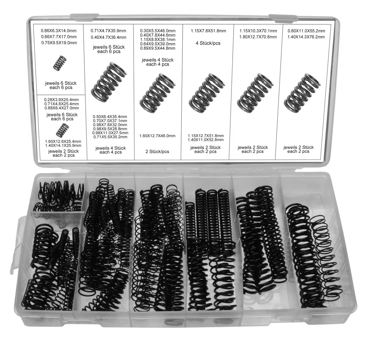 Alkan Druckfedern Spiralfedern 114-tlg Stahlfedern Set schwarz | Metallfedern aus Federstahl, Druckfedern/Sprungfedern mit schwarzem Finish für Reparatur, Modellbau & Werkstatt