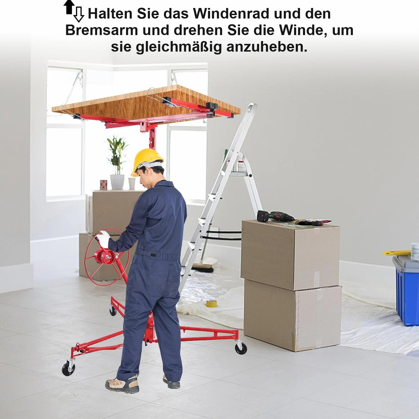 Herrselsam Plattenheber klappbar XXL 140 cm-350 cm Arbeitshöhe Höhenverstellbar 68kg Traglast max. 290 cm Lastarmbreite für Rigipsplatten