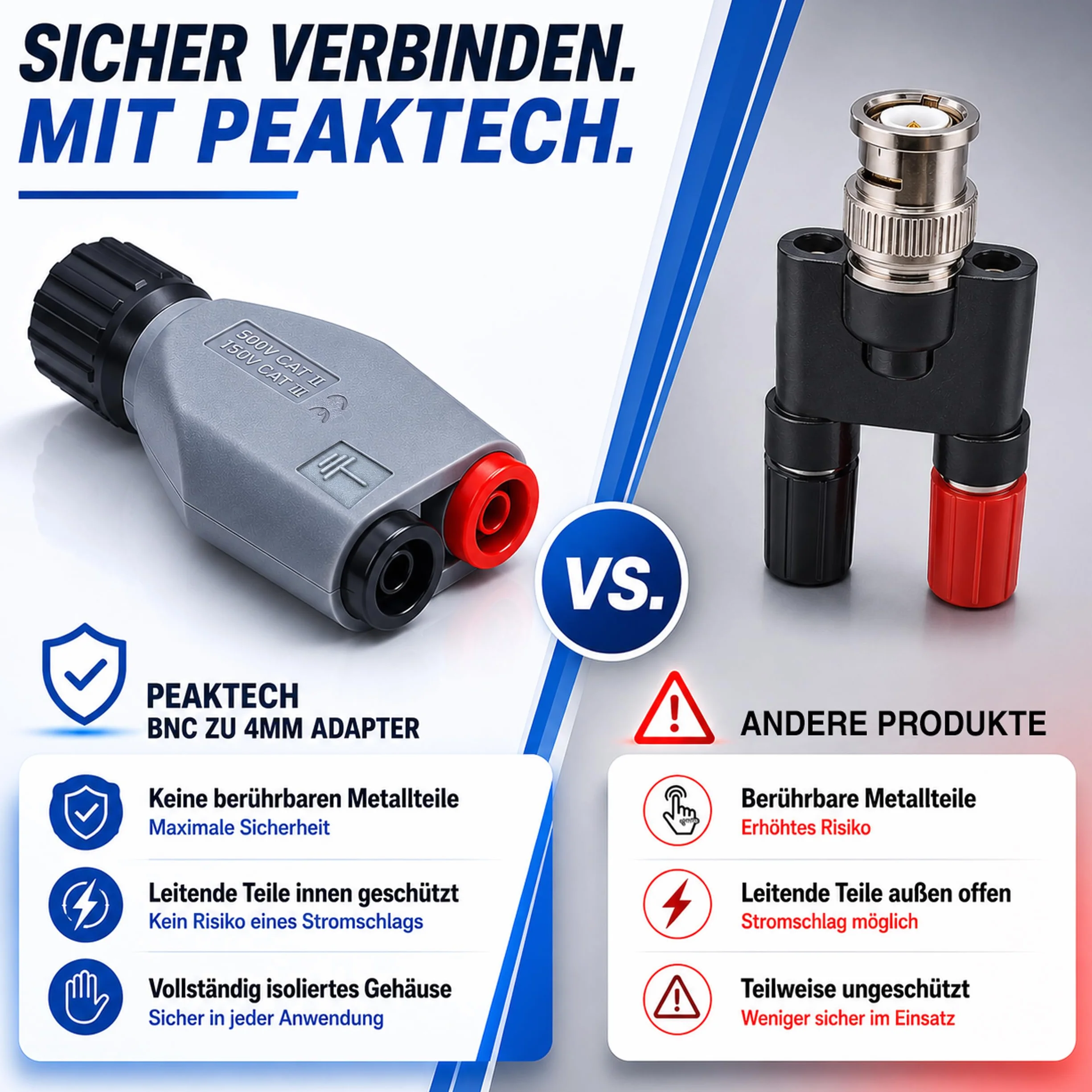 PeakTech 7055 - BNC zu 4mm Adapter Stecker für Oszilloskope, berührungssicher